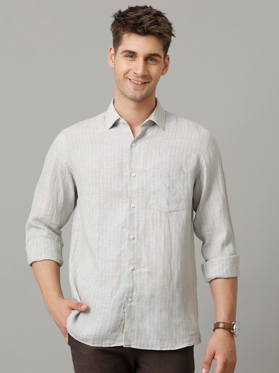 

Linen Club Contemporary Striped Pure Linen Casual Shirt, Grey