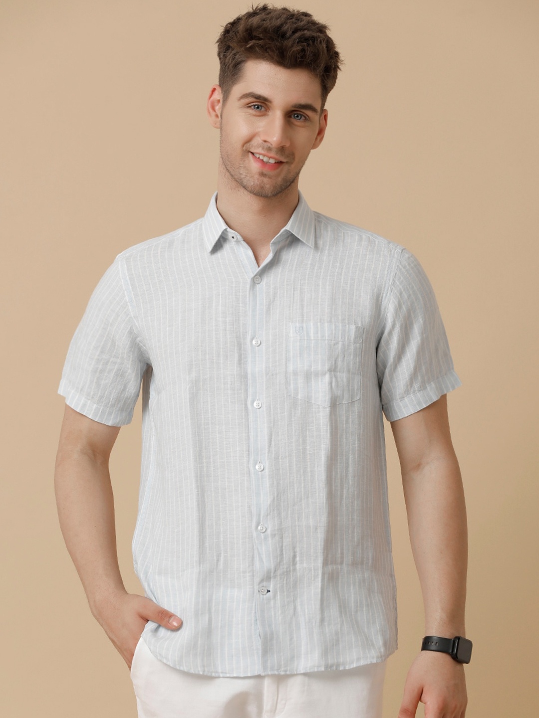 

Linen Club Contemporary Striped Pure Linen Casual Shirt, Blue