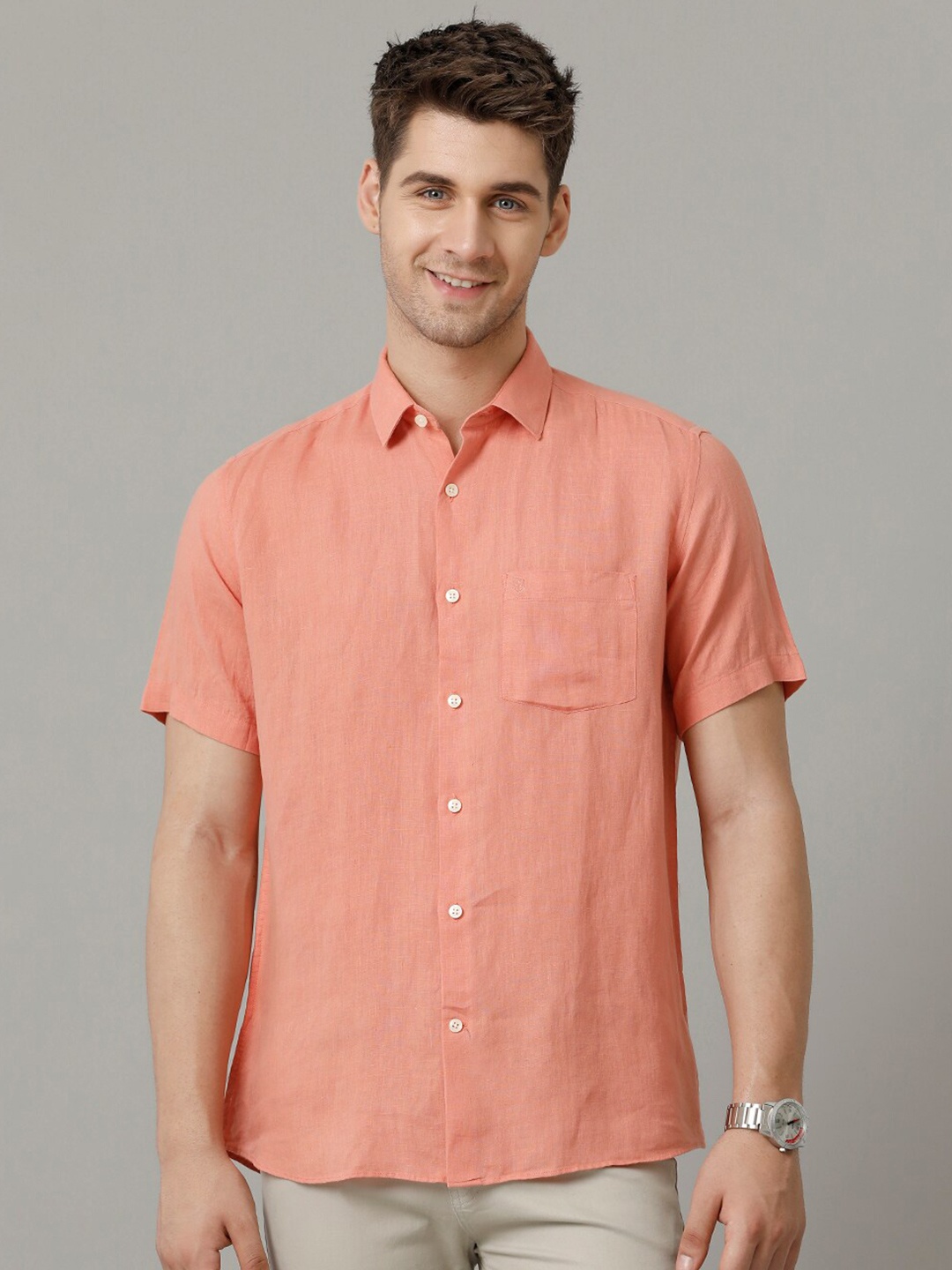 

Linen Club Contemporary Half Sleeves Opaque Pure Linen Casual Shirt, Red