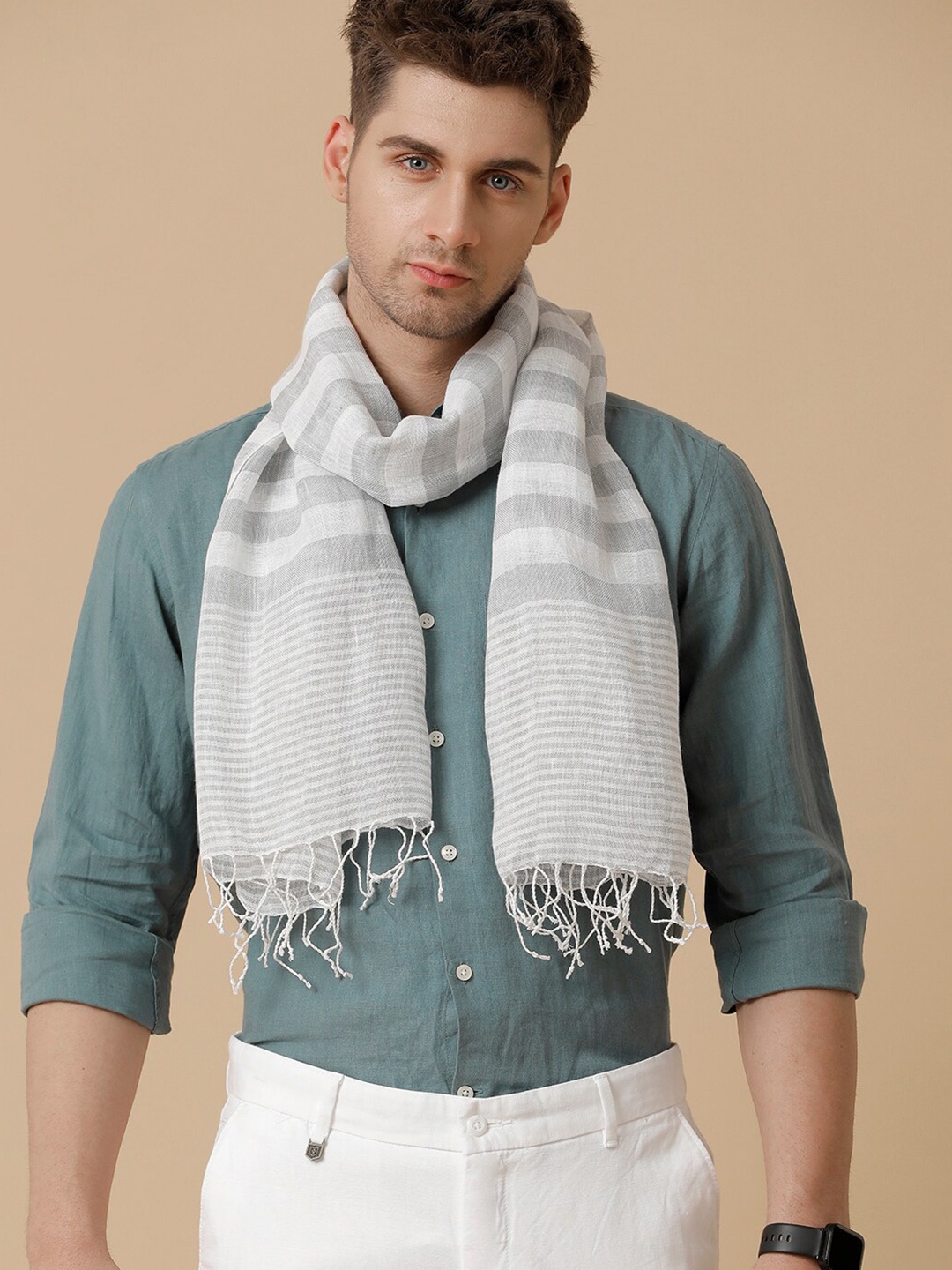 

Linen Club Unisex Striped Pure Linen Stole, Grey