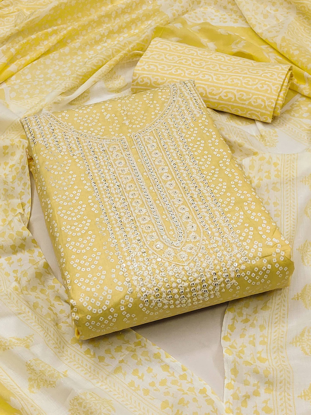 

Peachmode Bandhani Printed Sequinned Pure Cotton Unstitched Dress Material, Yellow