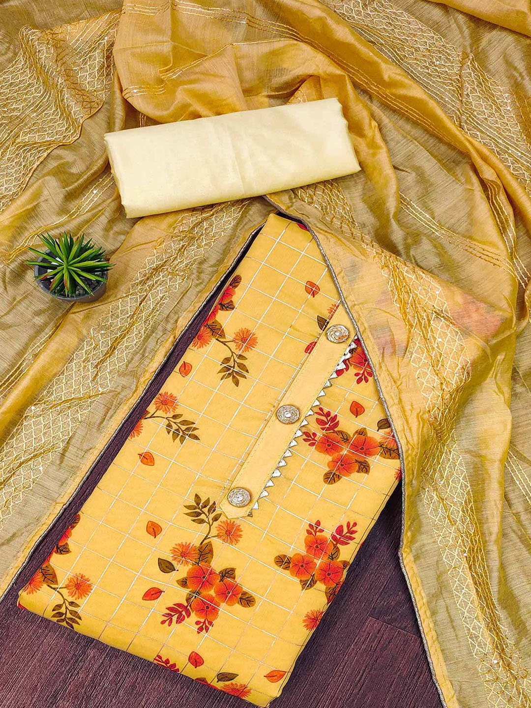 

Peachmode Floral Printed Gotta Patti Unstitched Dress Material, Yellow