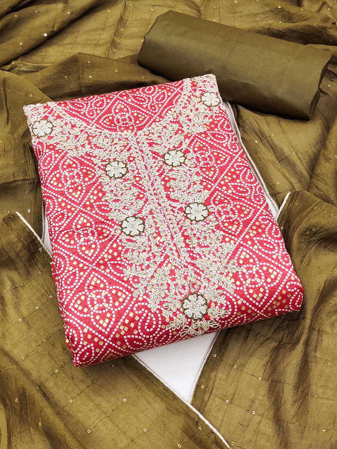 

Peachmode Bandhani Printed Zari Unstitched Dress Material, Pink