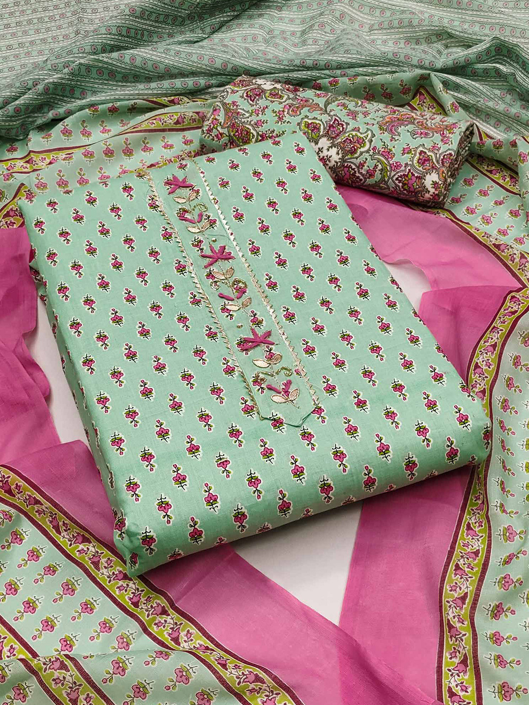 

Peachmode Printed Pure Cotton Unstitched Dress Material, Green