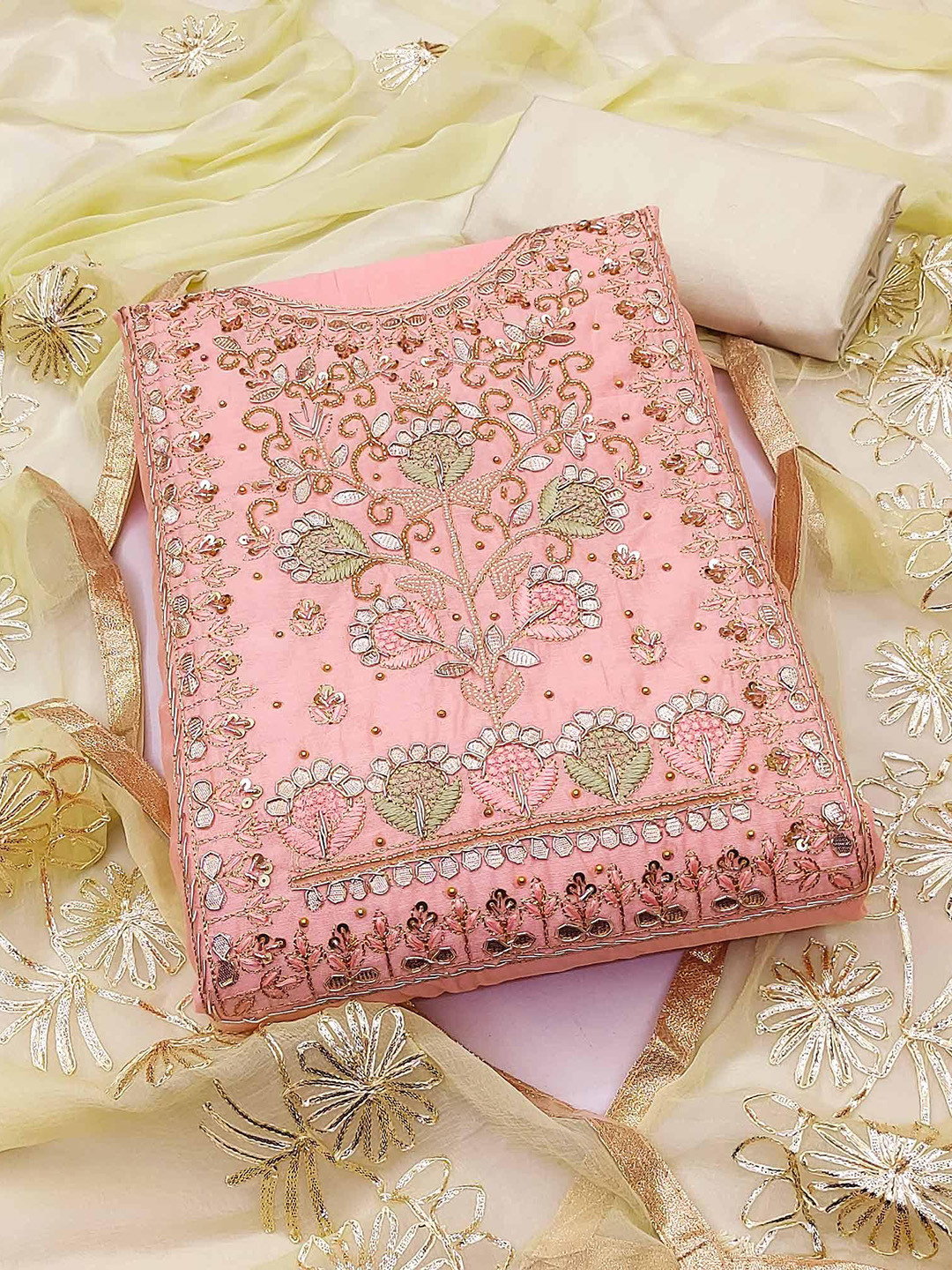 

Peachmode Floral Embroidered Beads & Stones Unstitched Dress Material, Pink
