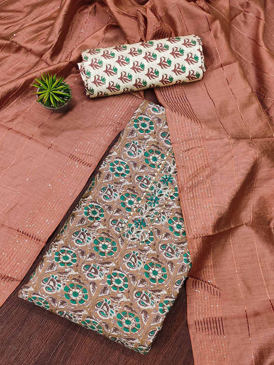 

Peachmode Foil Printed Unstitched Dress Material, Rust