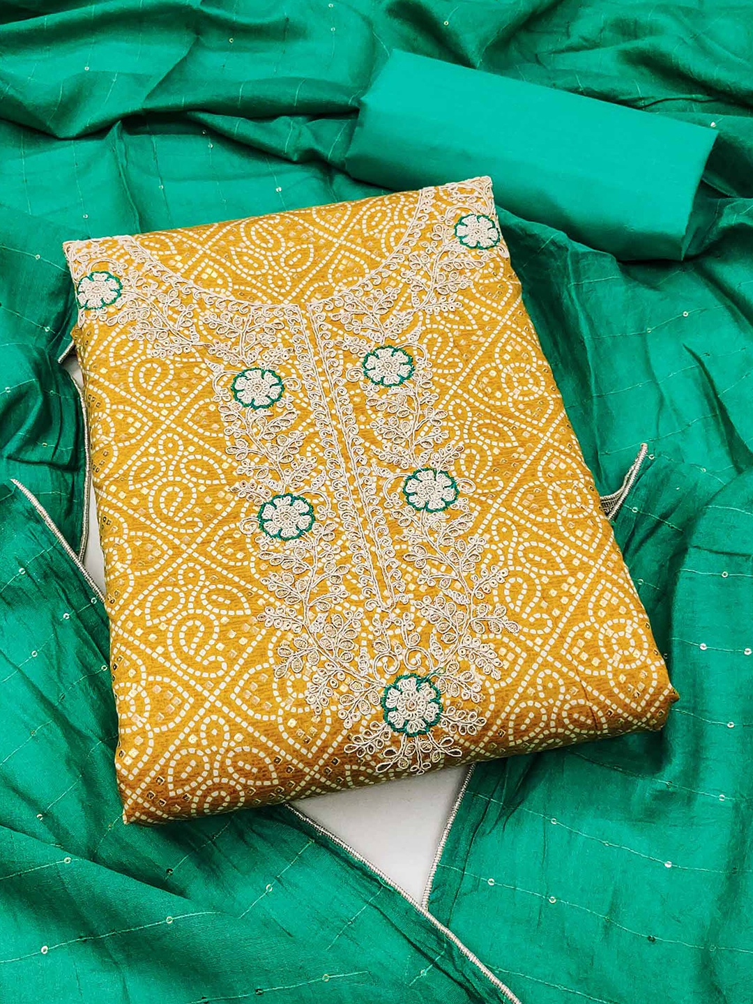

Peachmode Bandhani Printed Sequinned Unstitched Dress Material, Yellow
