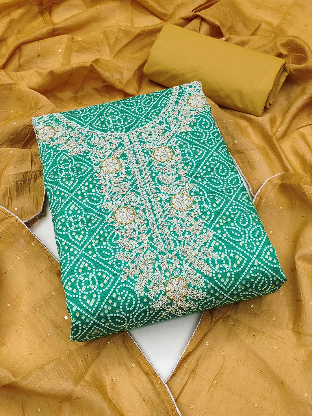

Peachmode Bandhani Printed Thread Work Unstitched Dress Material, Green