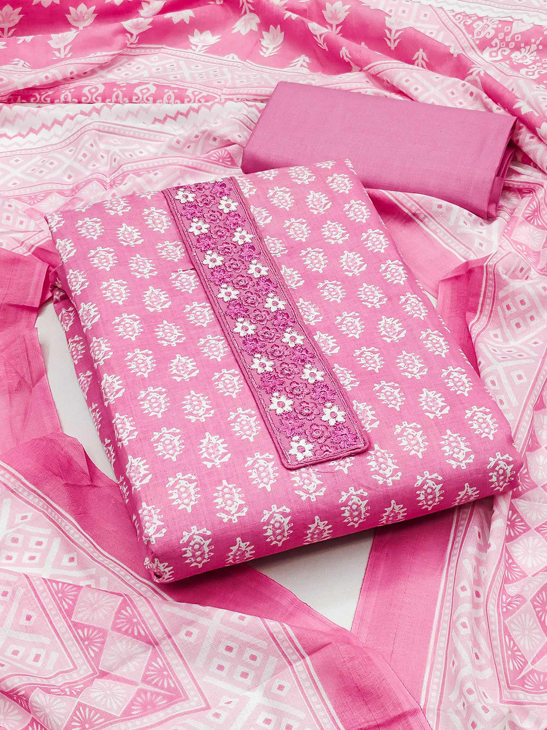 

Peachmode Floral Printed Pure Cotton Unstitched Dress Material, Pink