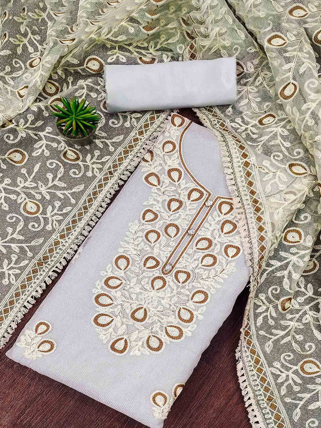 

Peachmode Ethnic Motifs Embroidered Unstitched Dress Material, Grey