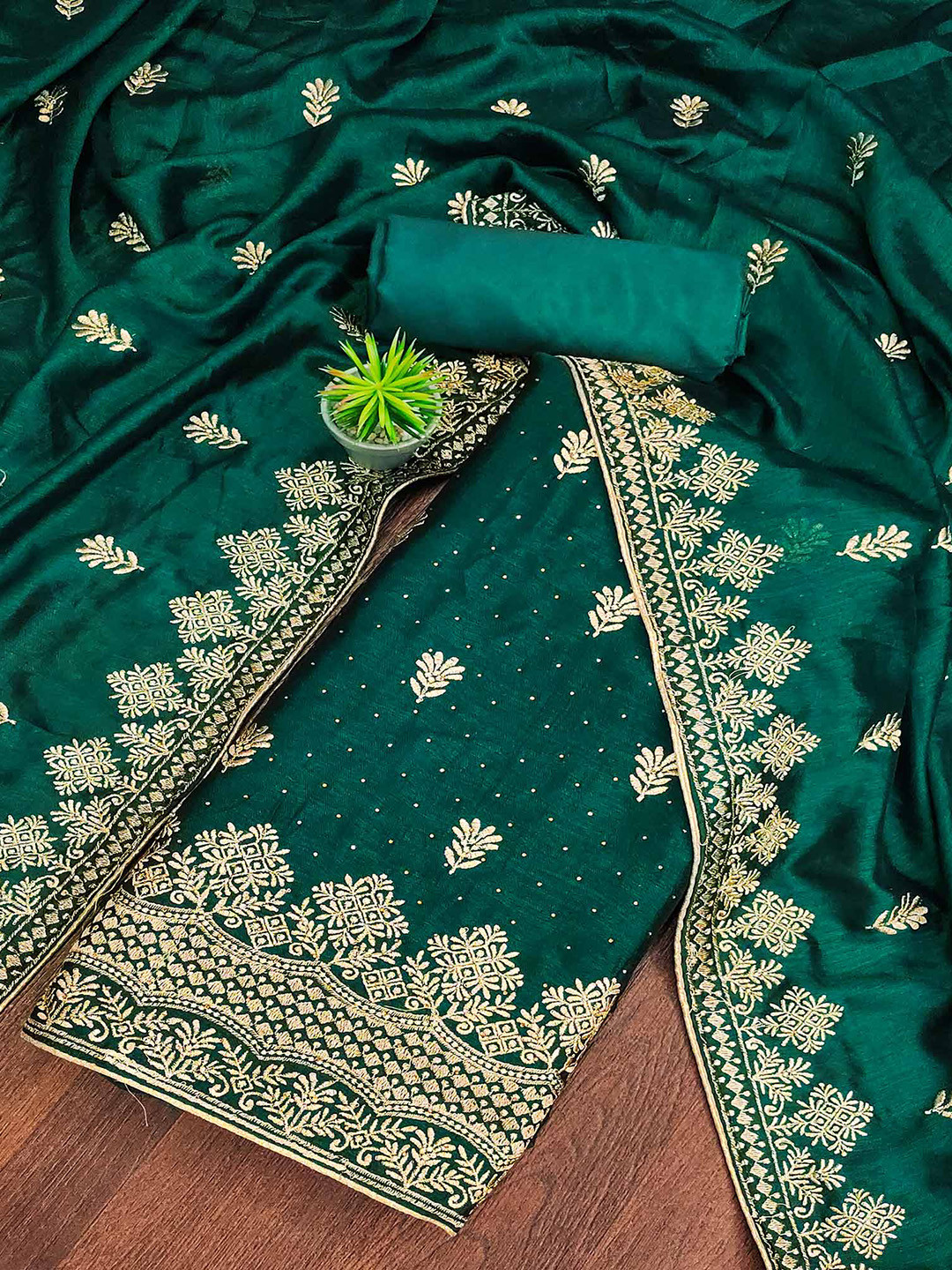 

Peachmode Embroidered Silk Chiffon Unstitched Dress Material, Green