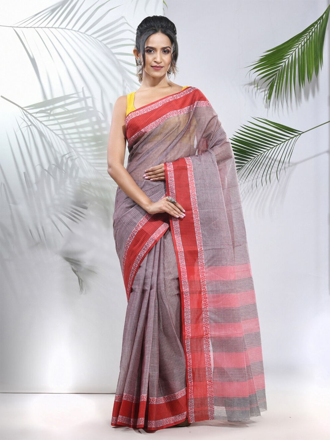 

Charukriti Striped Pure Cotton Taant Saree, Grey