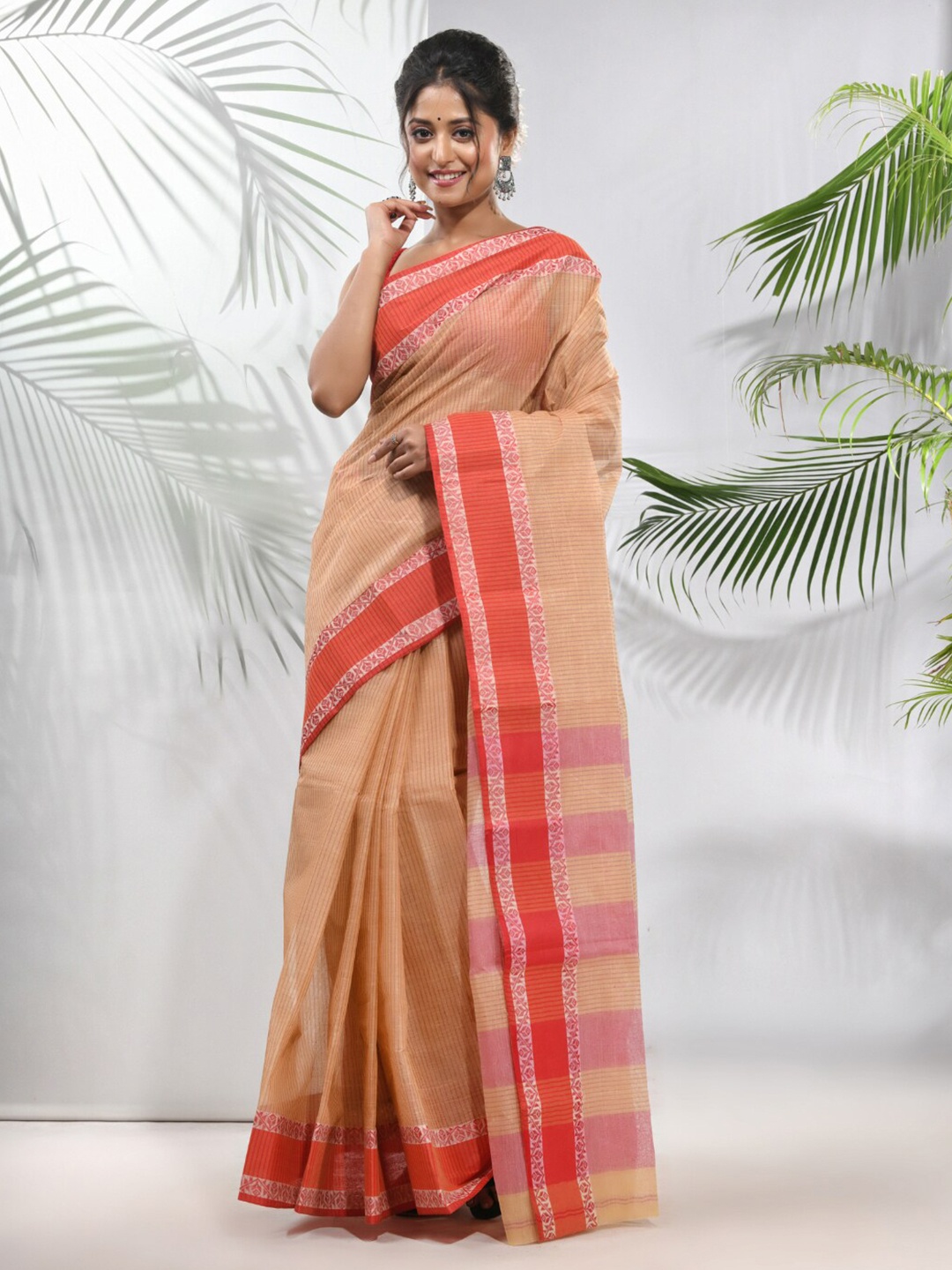 

Charukriti Striped Pure Cotton Taant Saree, Beige