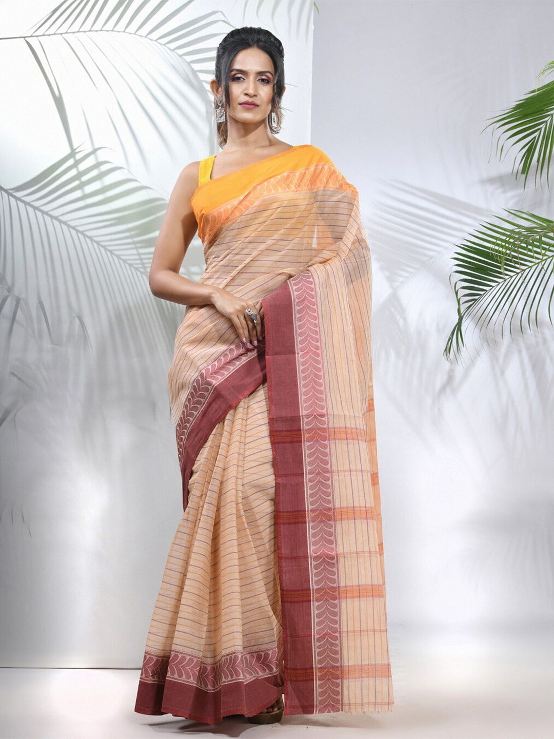 

Charukriti Striped Pure Cotton Taant Saree, Beige