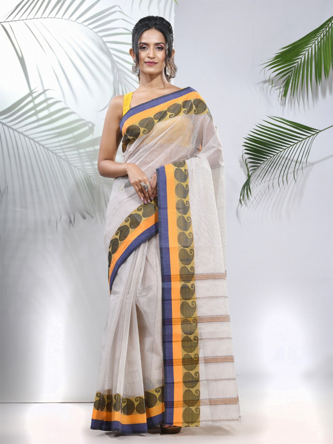 

Charukriti Striped Woven Design Pure Cotton Taant Saree, White