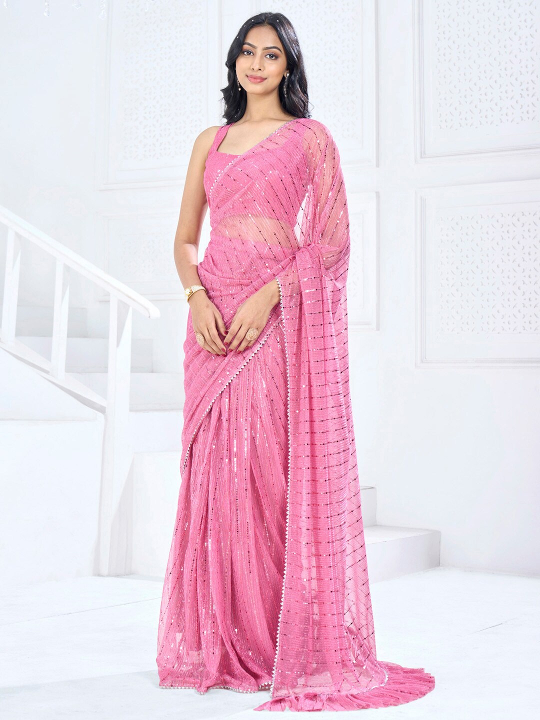 

Saree mall Embellished Sequinned Ready to Wear Saree, Pink