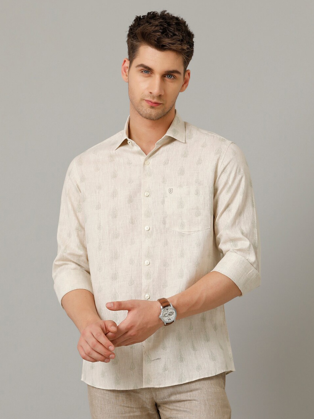 

Linen Club Contemporary Ethnic Motifs Woven Design Pure Linen Casual Shirt, Beige