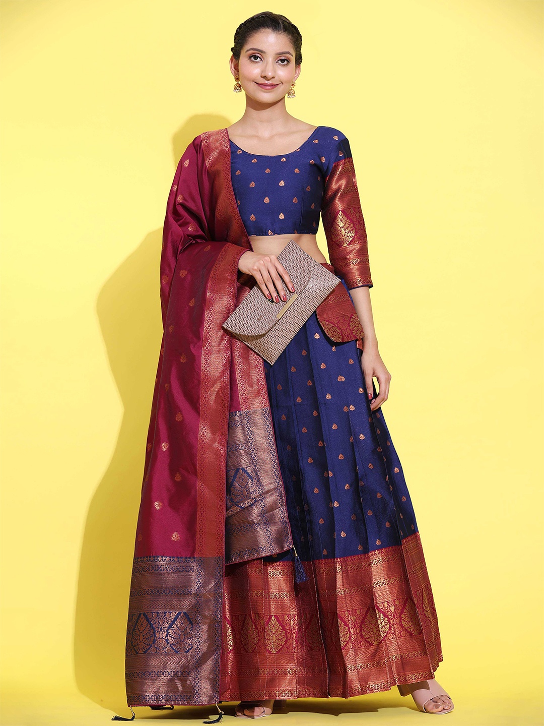 

Fabcartz Woven Design Semi-Stitched Lehenga & Unstitched Blouse With Dupatta, Navy blue