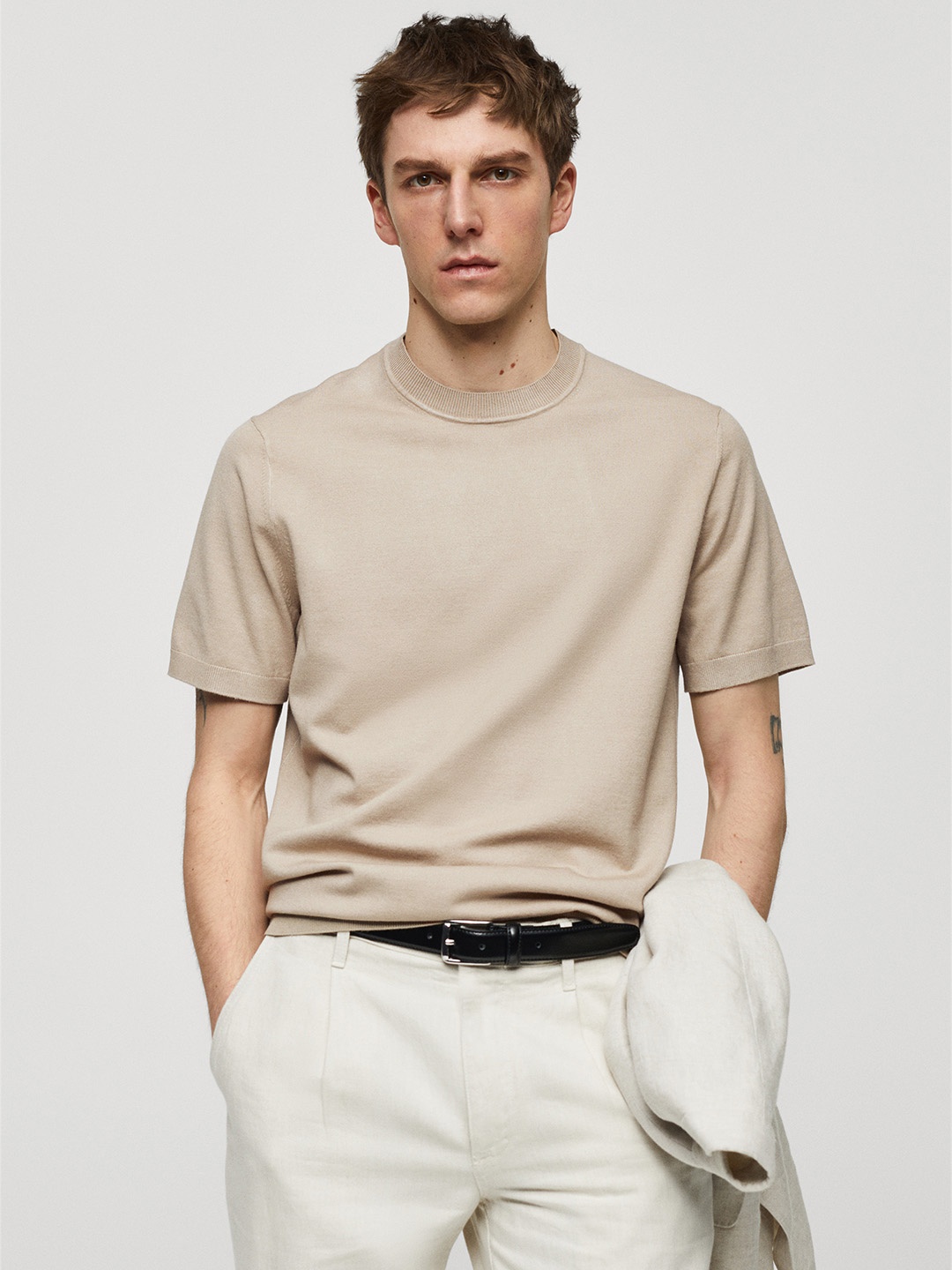 

MANGO MAN Knitted T-shirt, Beige