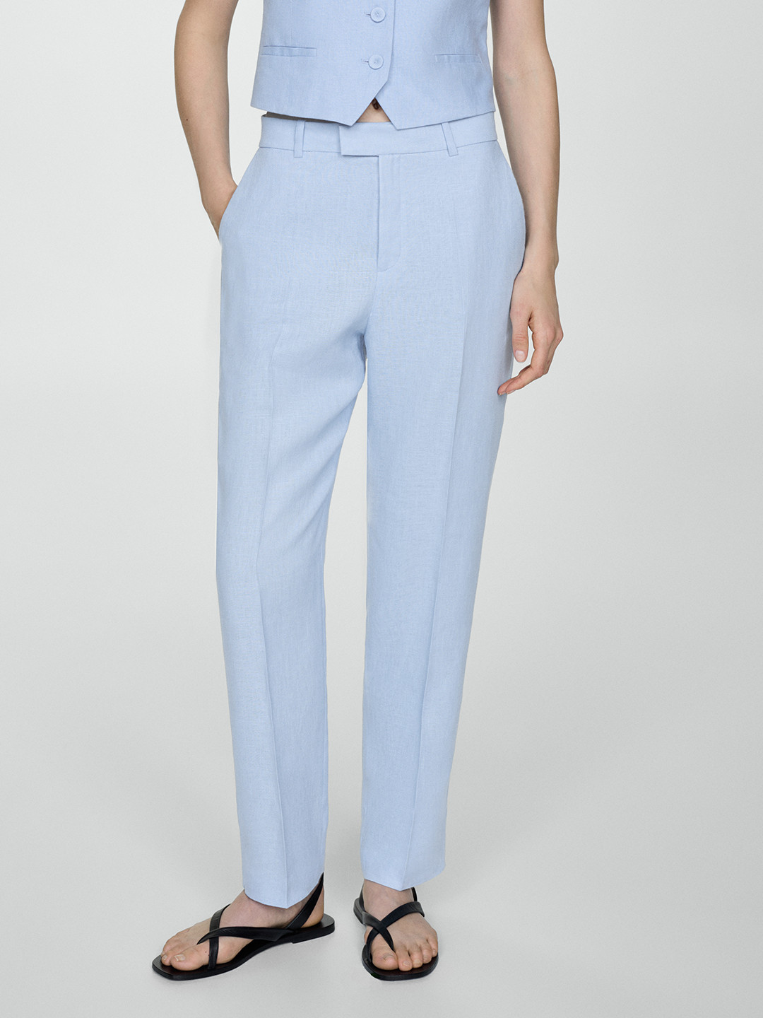

MANGO Women Straight Fit Linen Trousers, Blue