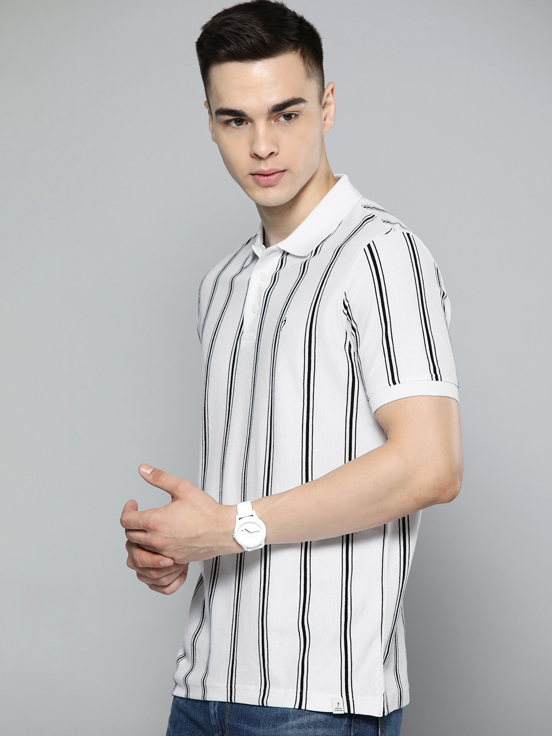 

Indian Terrain Striped Polo Collar Monochrome Pure Cotton T-shirt, White