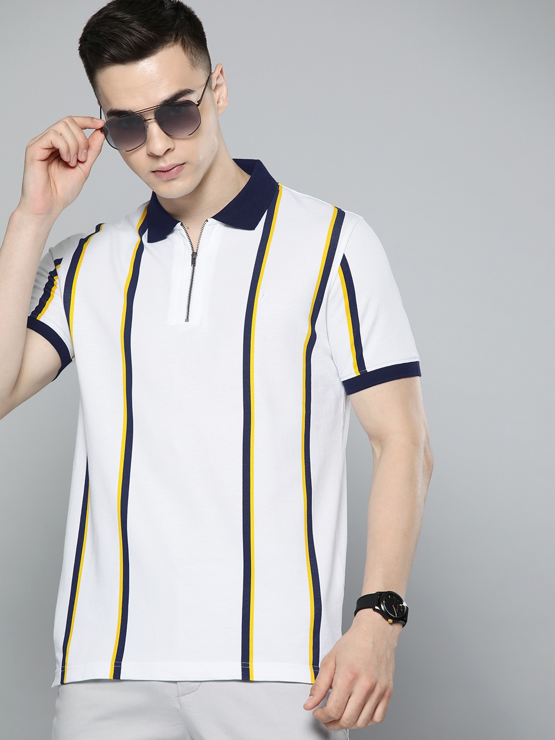 

Indian Terrain Pure Cotton Striped Polo Collar T-shirt, White