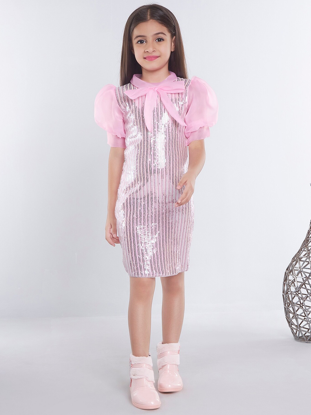 

Ministitch Girls Striped Puff Sleeve Net Sequined Sheath Dress, Pink