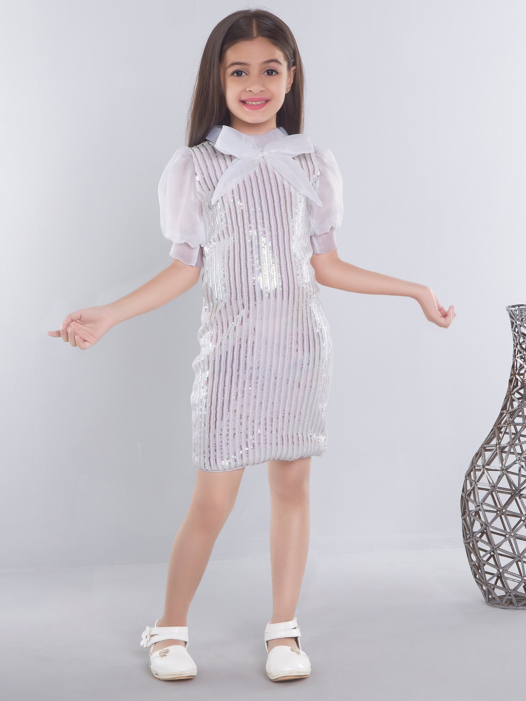 

Ministitch Girls Sequin Embellished Puff Sleeve Net Sheath Dress, White