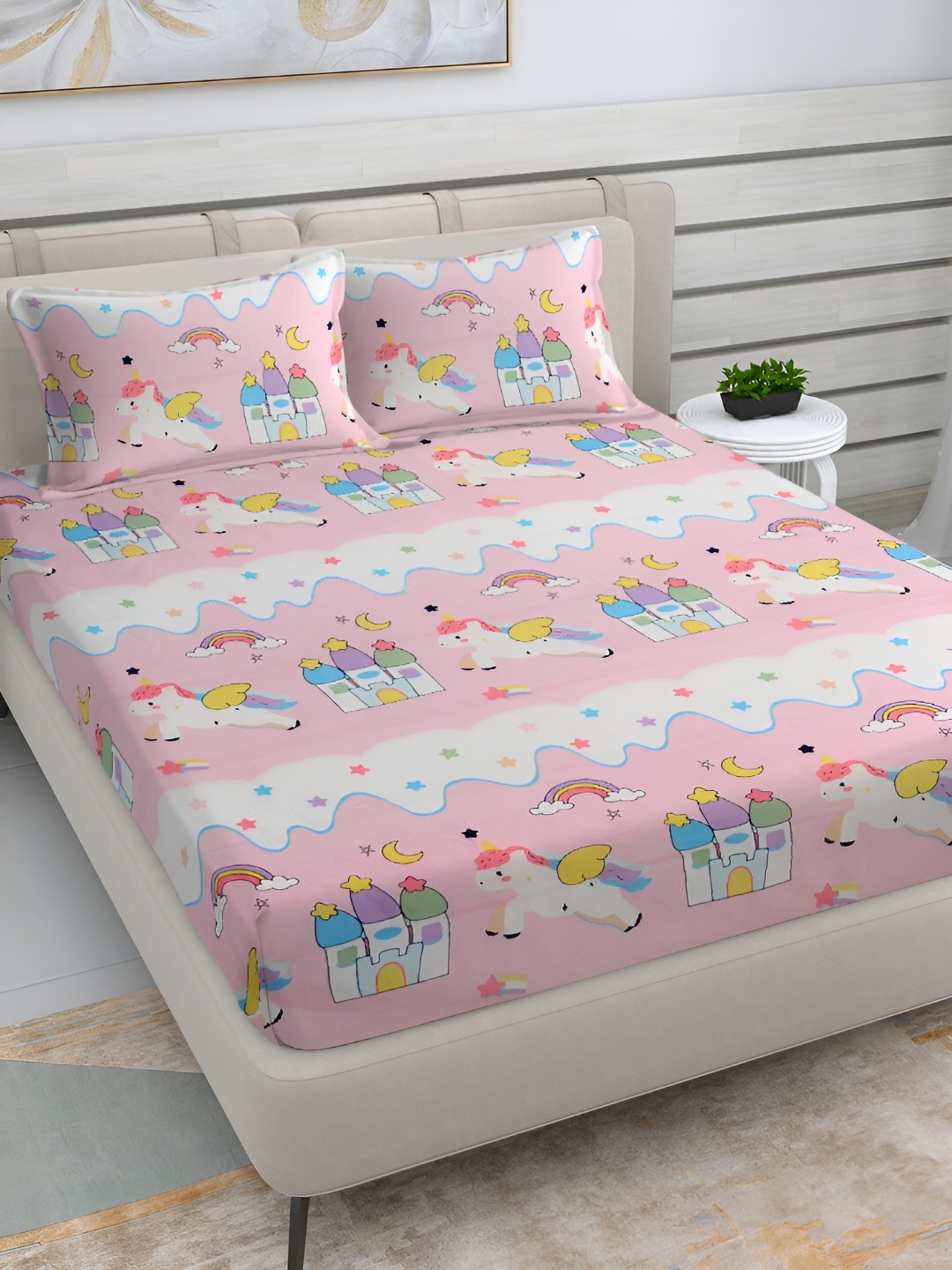 

KLOTTHE Pink Cartoon Characters 300 TC Double King Bedsheet with 2 Pillow Covers