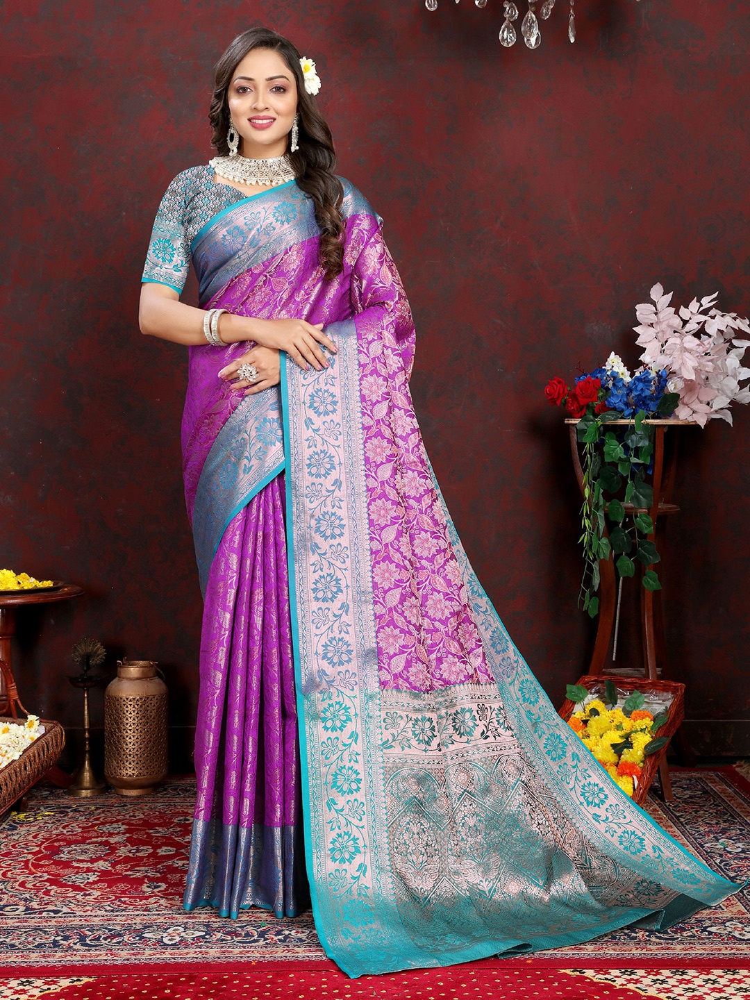 

V3 FASHION STUDIO Ethnic Motifs Woven Design Zari Pure Silk Banarasi Saree, Purple