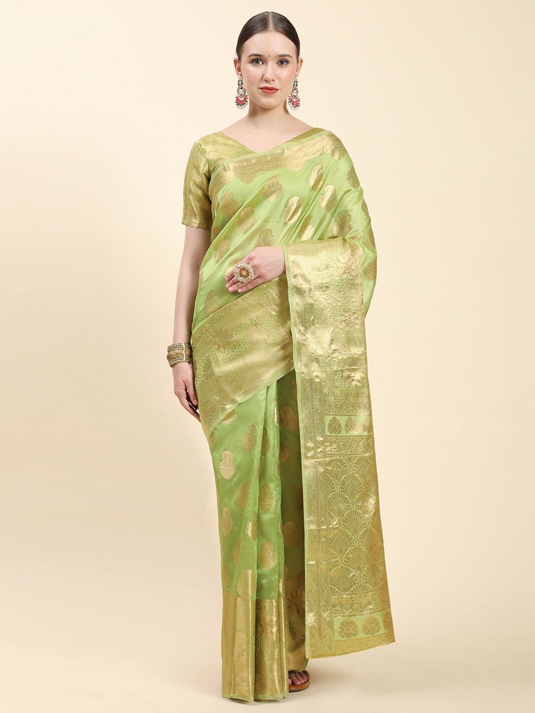 

V3 FASHION STUDIO Ethnic Motifs Woven Design Zari Pure Silk Banarasi Saree, Green
