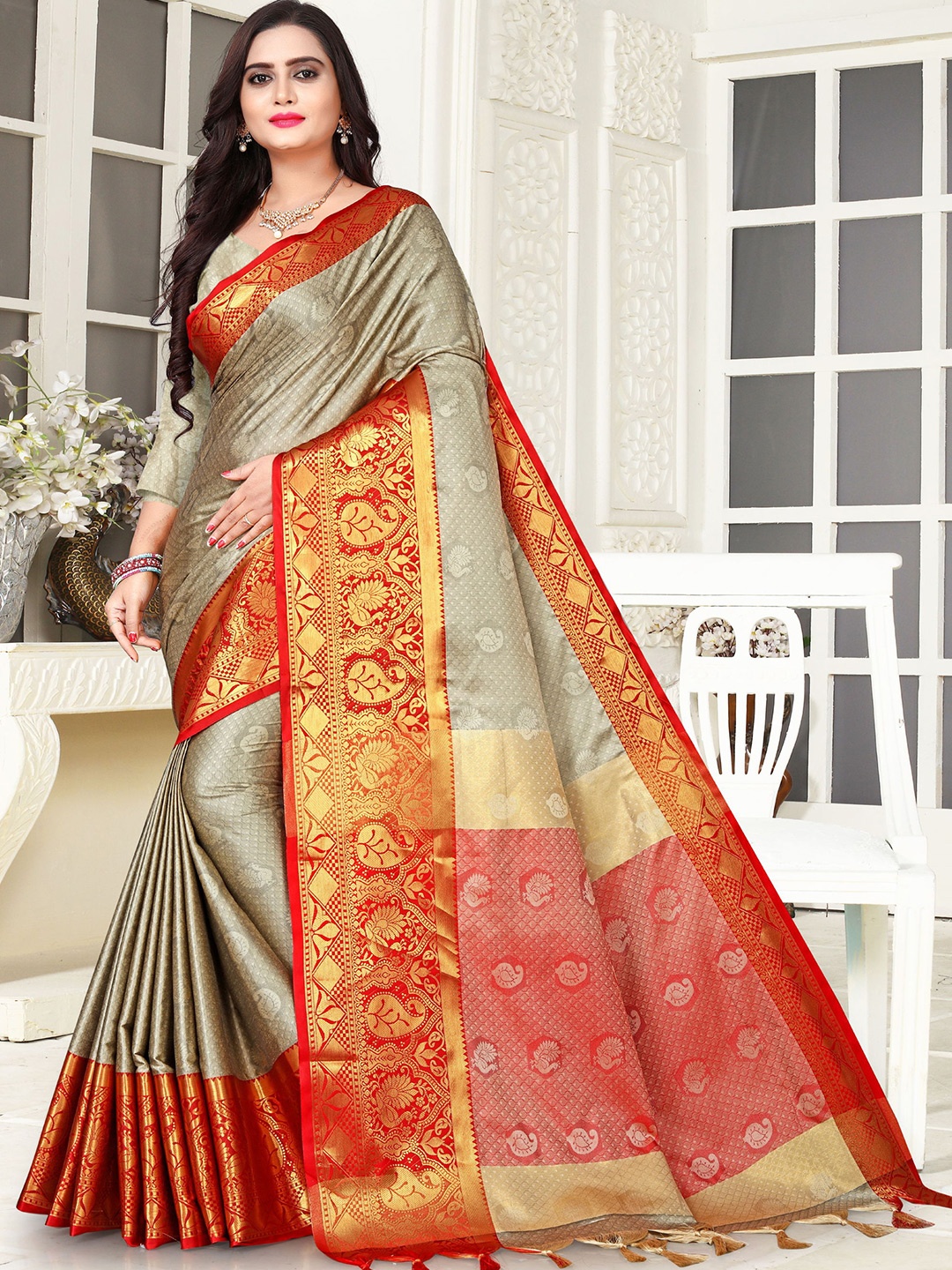 

V3 FASHION STUDIO Woven Design Pure Silk Banarasi Zari Saree, Grey