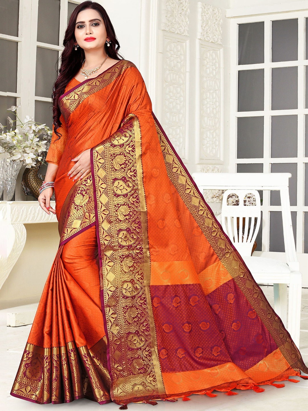 

V3 FASHION STUDIO Paisley Pure Silk Banarasi Zari Saree, Orange