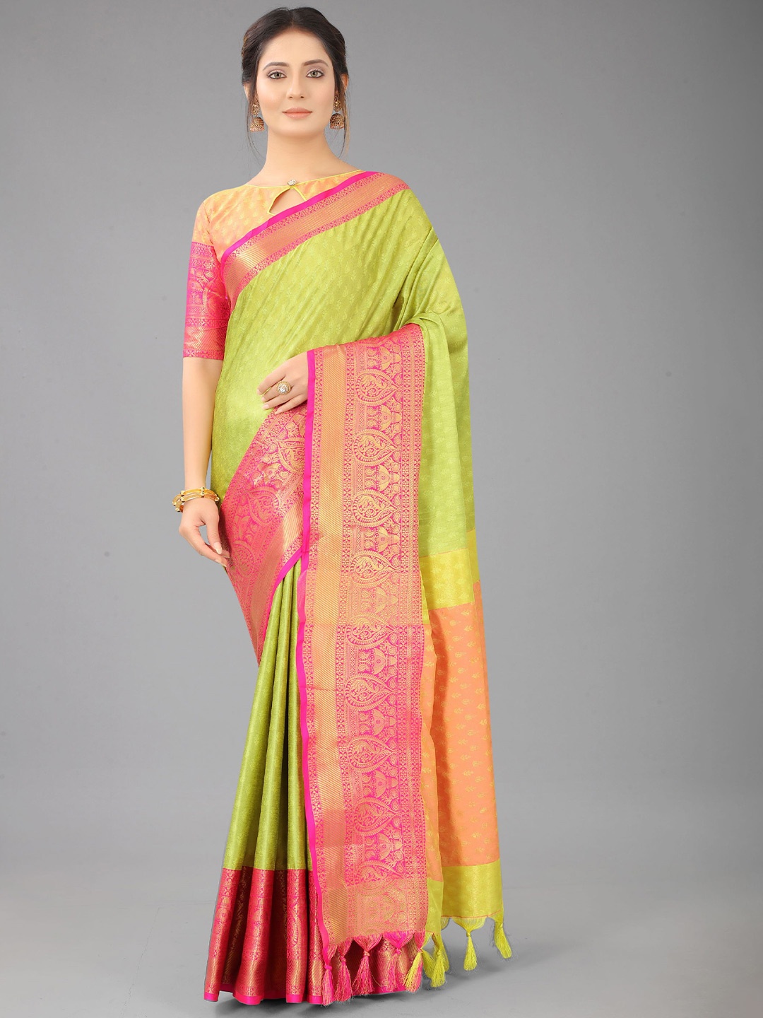 

V3 FASHION STUDIO Ethnic Motifs Woven Design Zari Pure Silk Banarasi Saree, Green