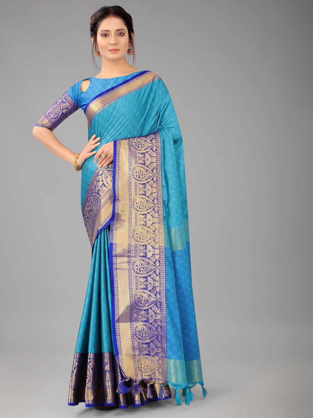 

V3 FASHION STUDIO Woven Design Pure Silk Banarasi Zari Saree, Blue