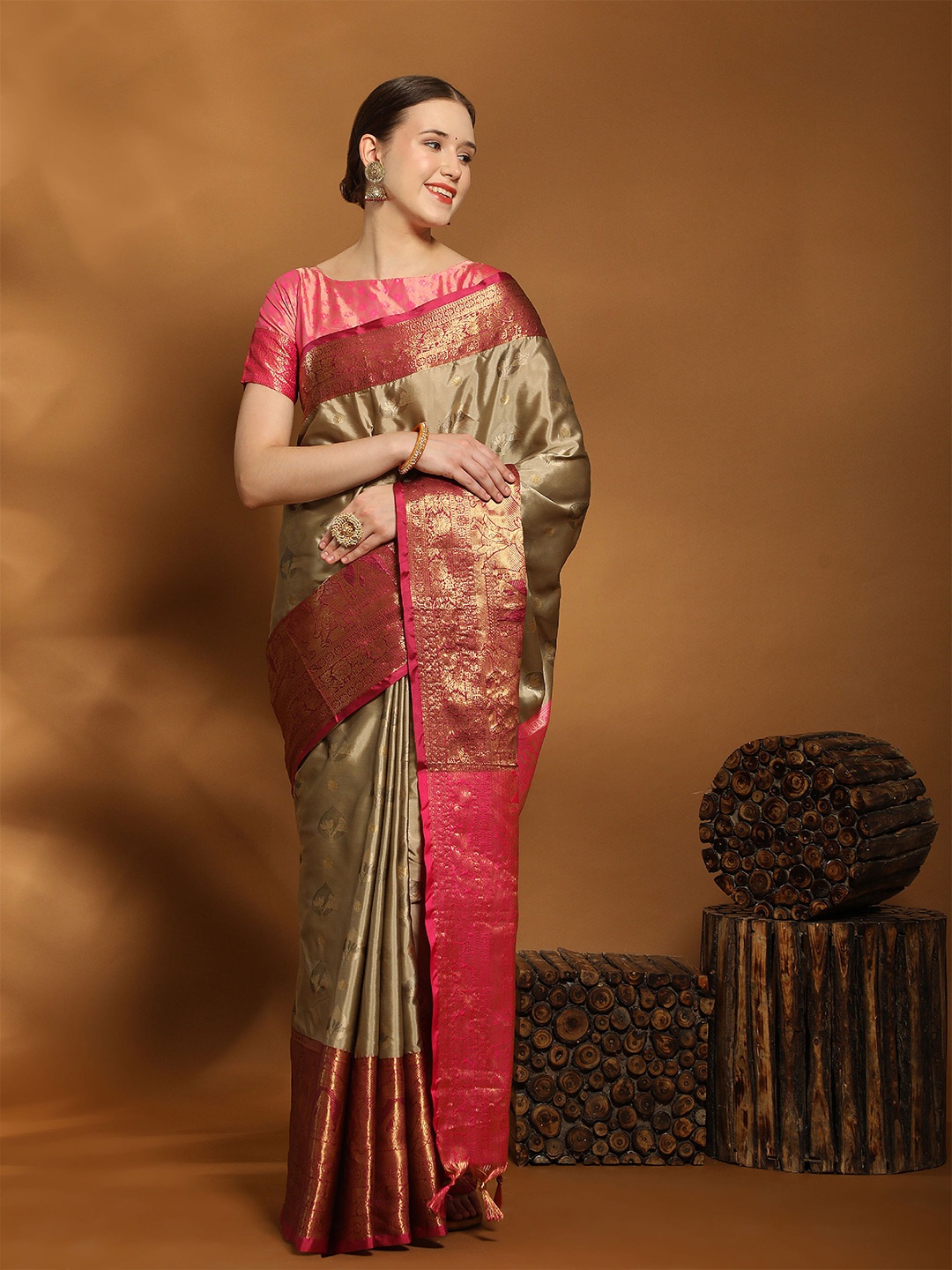 

V3 FASHION STUDIO Ethnic Motifs Woven Design Zari Pure Silk Banarasi Saree, Brown
