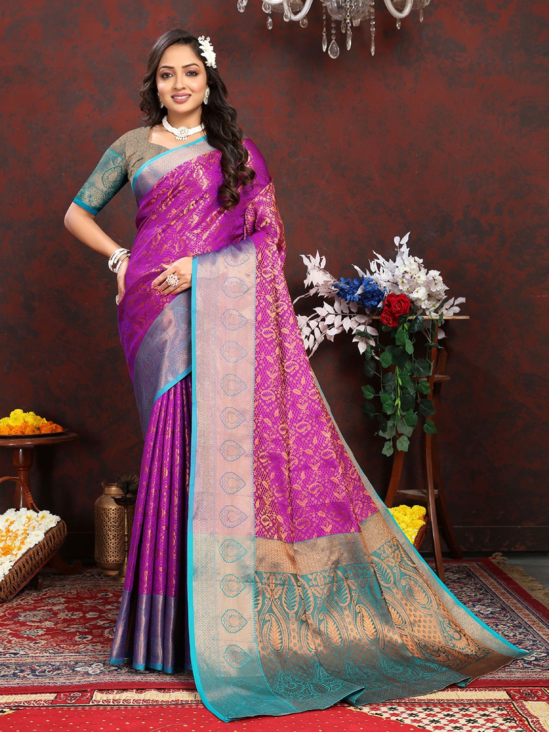 

V3 FASHION STUDIO Woven Design Pure Silk Banarasi Zari Saree, Purple