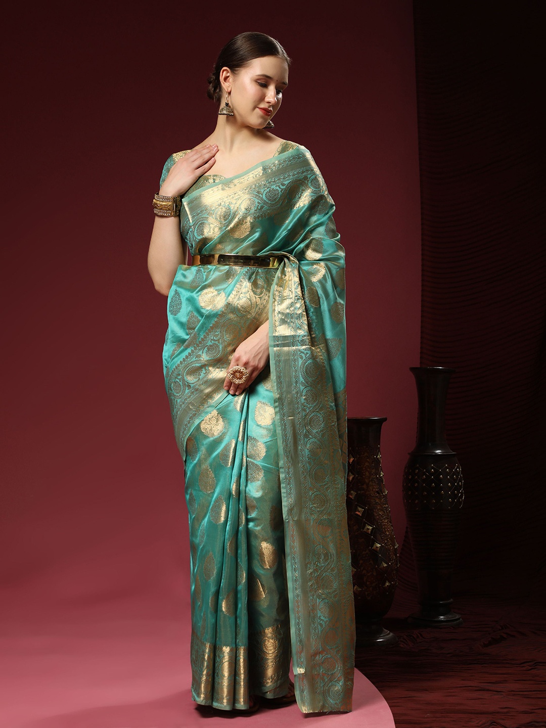 

V3 FASHION STUDIO Floral Pure Silk Banarasi Zari Saree, Blue