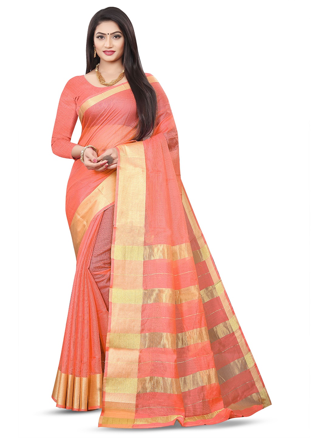 

V3 FASHION STUDIO Striped Zari Pure Cotton Banarasi Saree, Peach