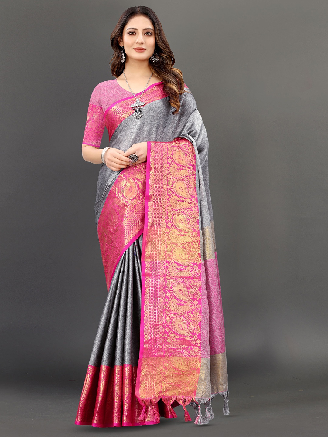 

V3 FASHION STUDIO Ethnic Motifs Woven Design Zari Pure Silk Banarasi Saree, Grey