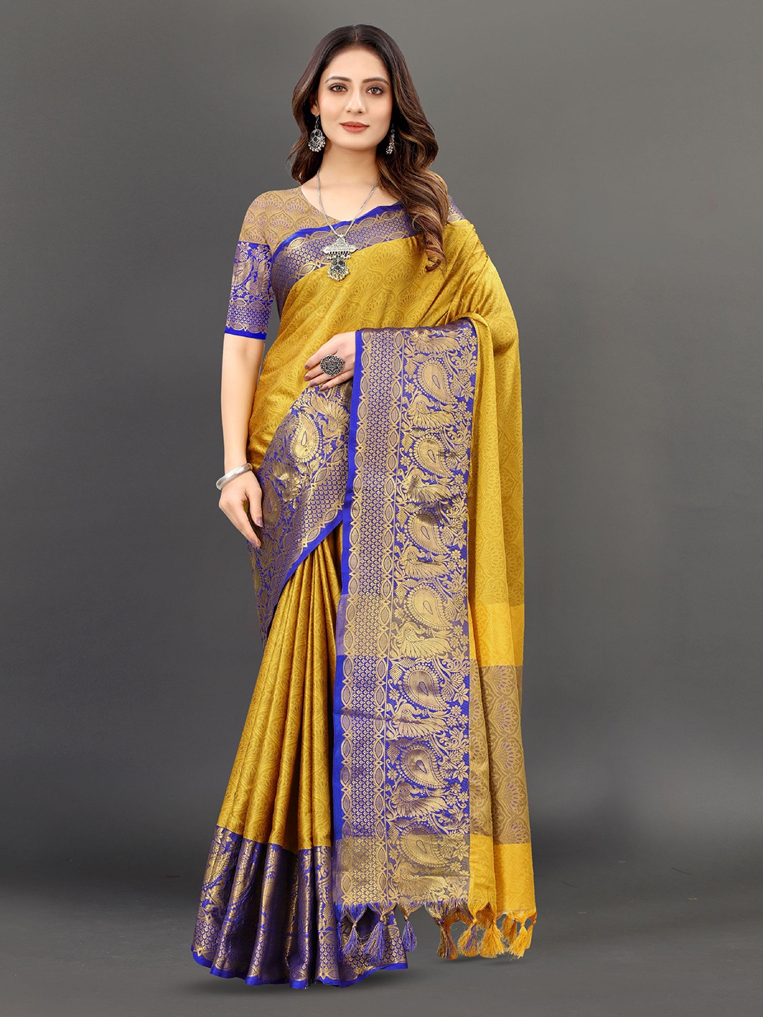 

V3 FASHION STUDIO Ethnic Motifs Woven Design Zari Pure Silk Banarasi Saree, Yellow