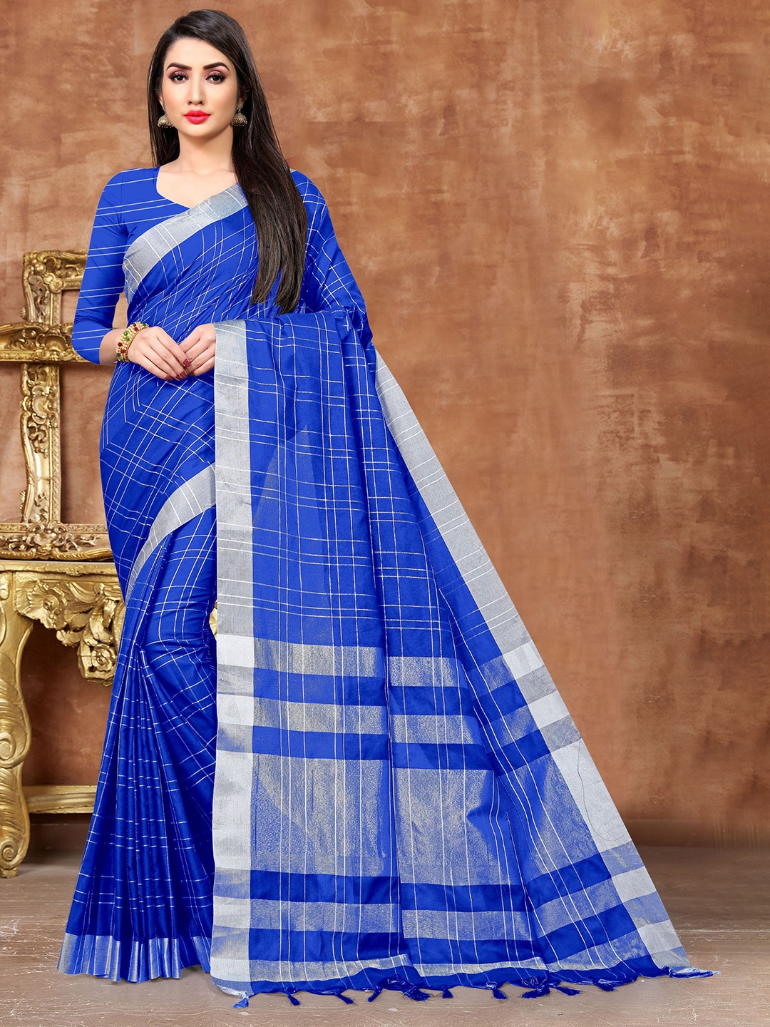 

V3 FASHION STUDIO Striped Pure Cotton Banarasi Zari Saree, Blue