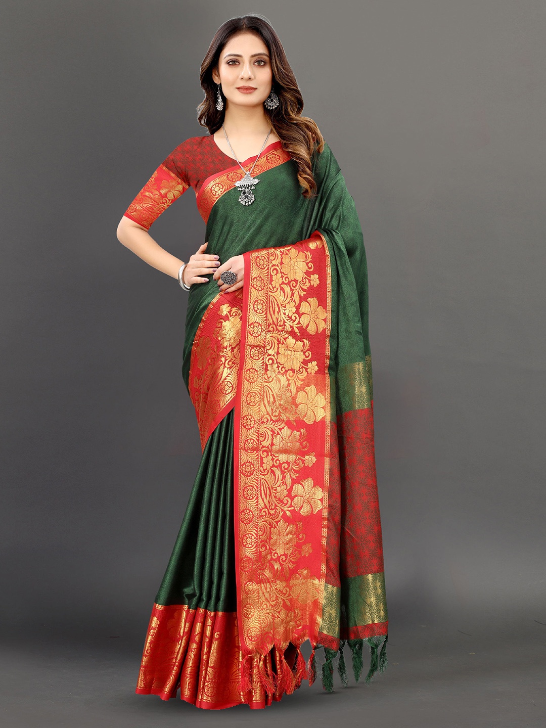 

V3 FASHION STUDIO Ethnic Motifs Woven Design Zari Pure Silk Banarasi Saree, Green