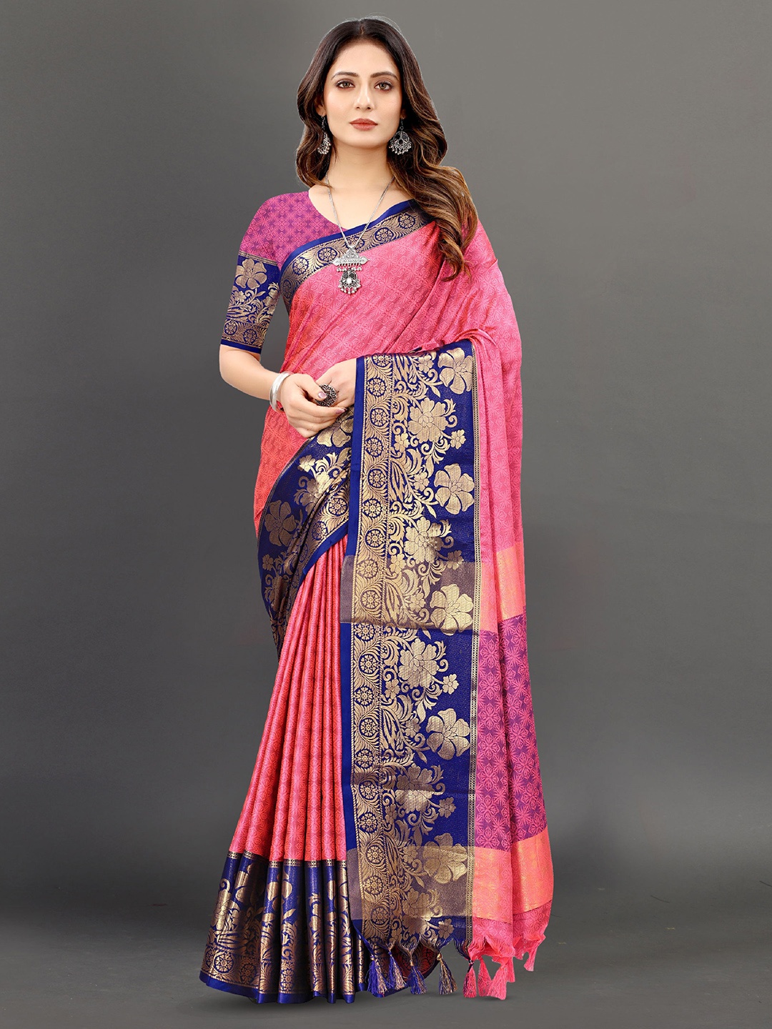 

V3 FASHION STUDIO Ethnic Motifs Woven Design Zari Pure Silk Banarasi Saree, Pink