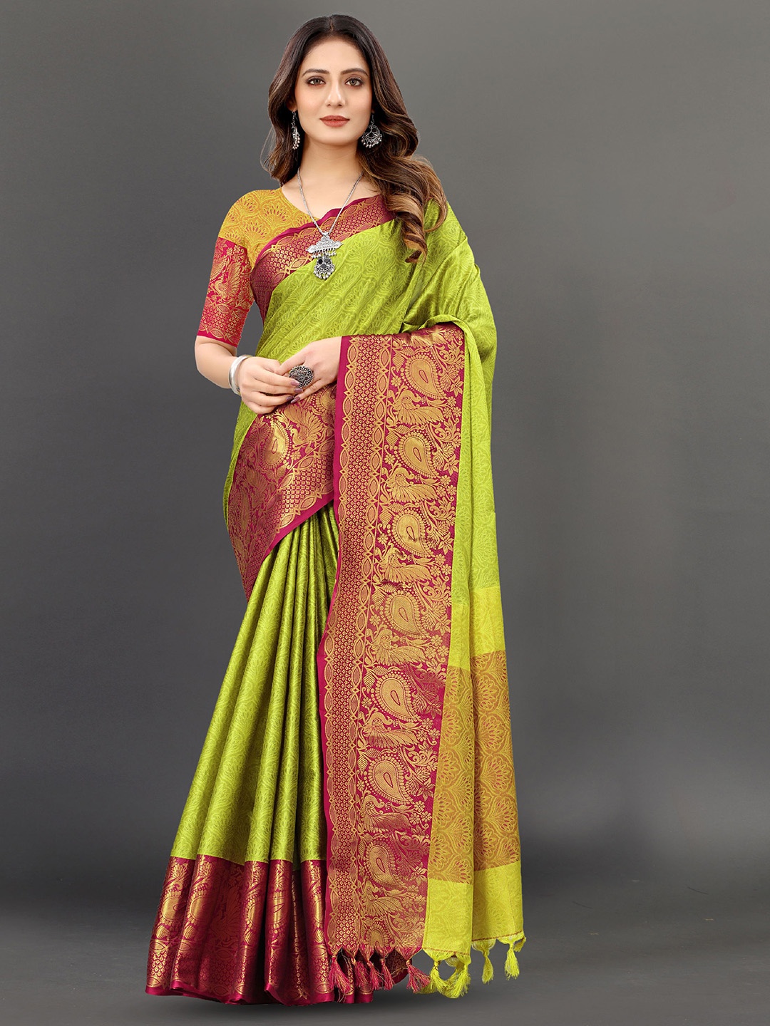 

V3 FASHION STUDIO Woven Design Pure Silk Banarasi Zari Saree, Green