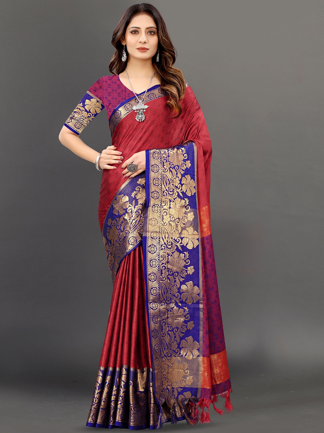 

V3 FASHION STUDIO Ethnic Motifs Woven Design Zari Pure Silk Banarasi Saree, Red