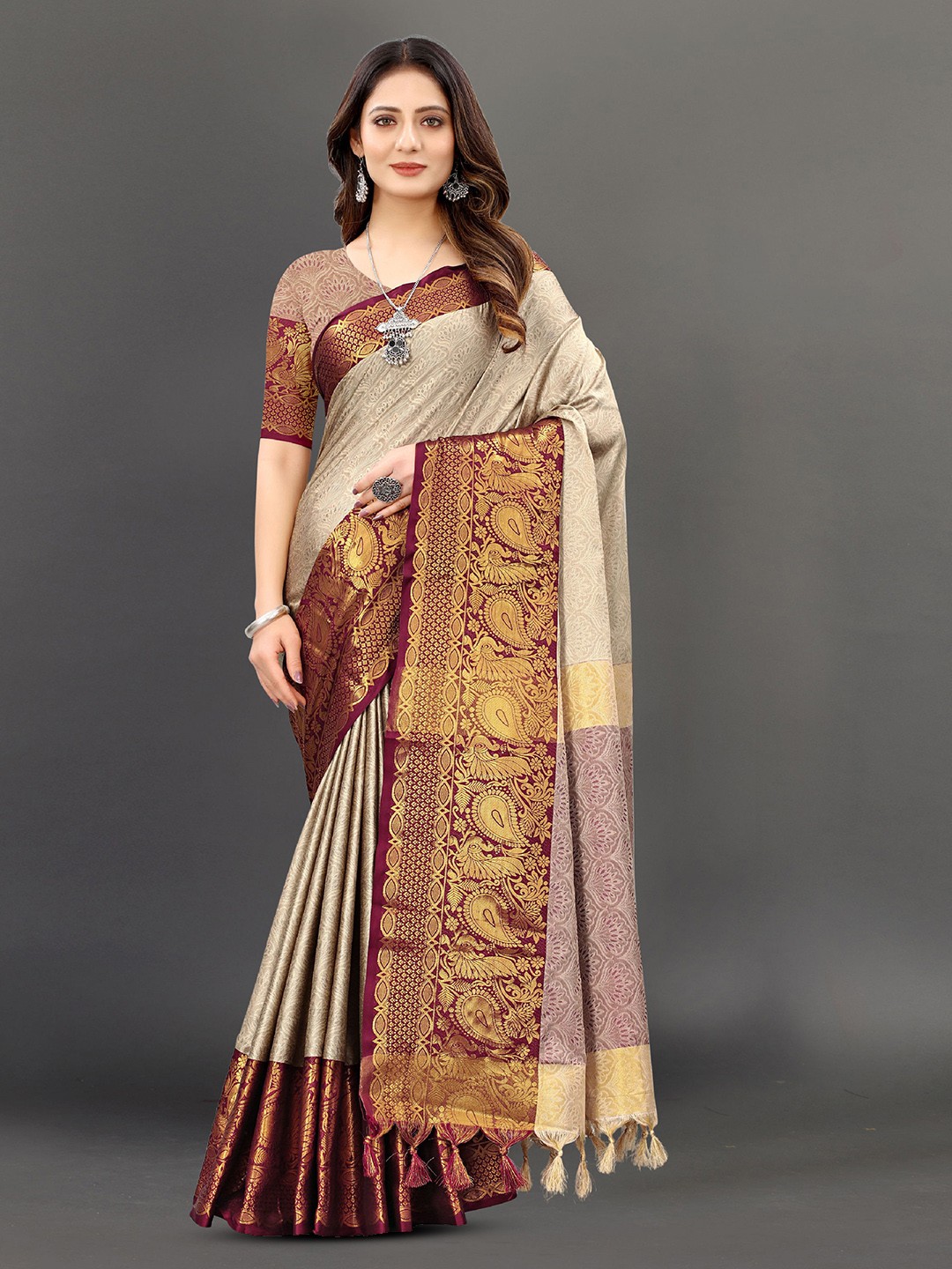 

V3 FASHION STUDIO Ethnic Motifs Woven Design Zari Pure Silk Banarasi Saree, Brown
