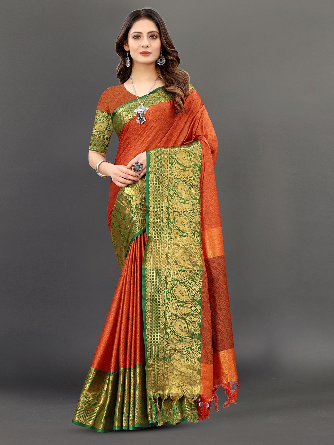 

V3 FASHION STUDIO Ethnic Motifs Woven Design Zari Pure Silk Banarasi Saree, Red