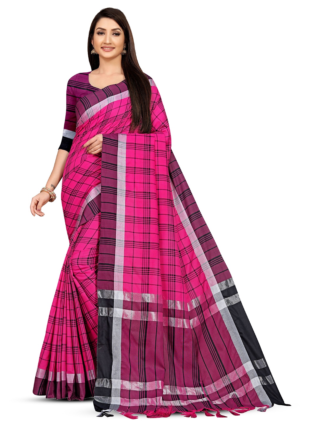 

V3 FASHION STUDIO Checked Zari Pure Cotton Banarasi Saree, Pink