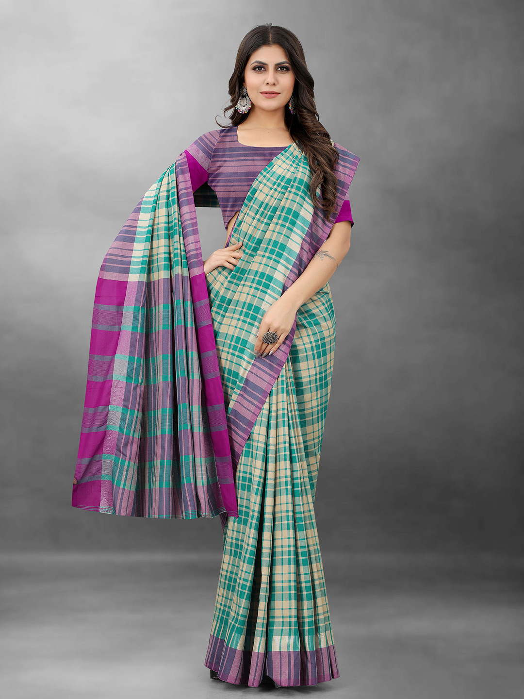 

V3 FASHION STUDIO Checked Pure Cotton Banarasi Saree, Blue